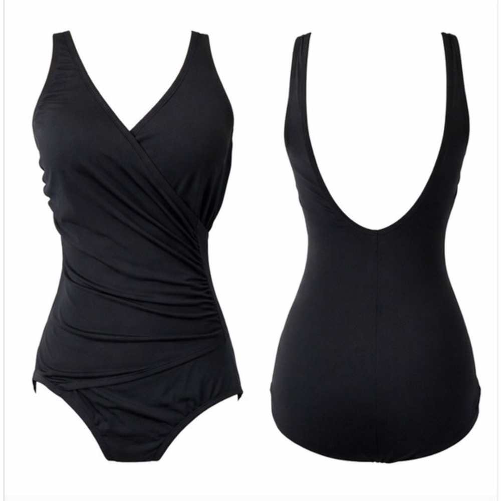 VTG Jantzen Classics Black One Piece Swimsuit Surplice Wrap Ruched 10 90s